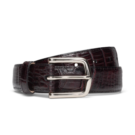 Front view of Men's Crocodile Belt - Black Cherry on plain background