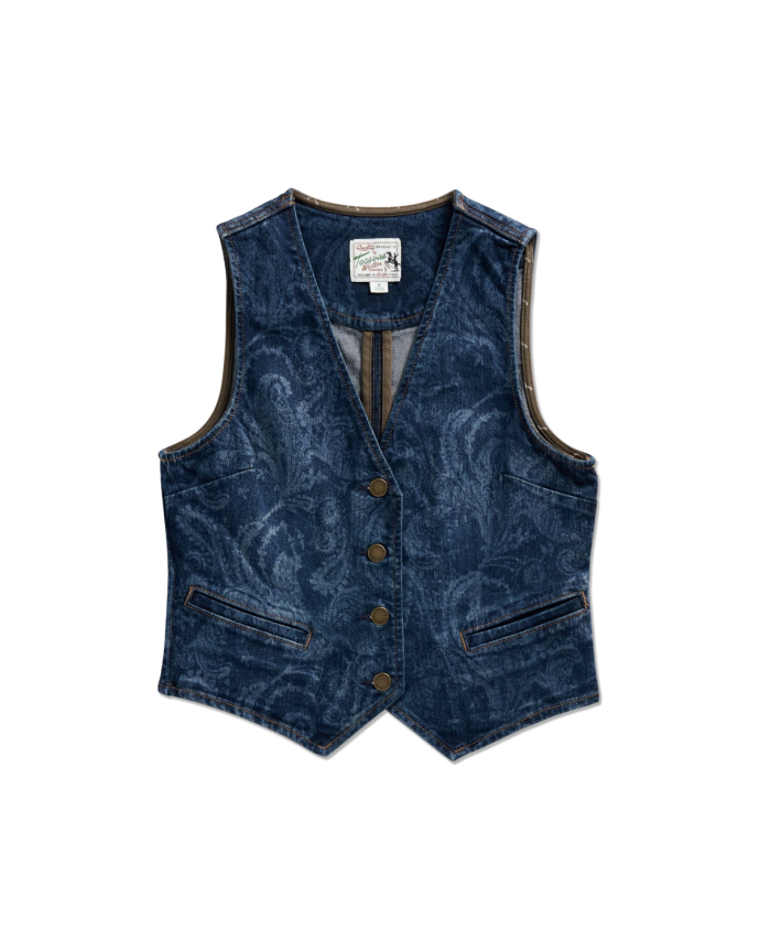 Front view of Women's Denim Vest - Blue Paisley on plain background