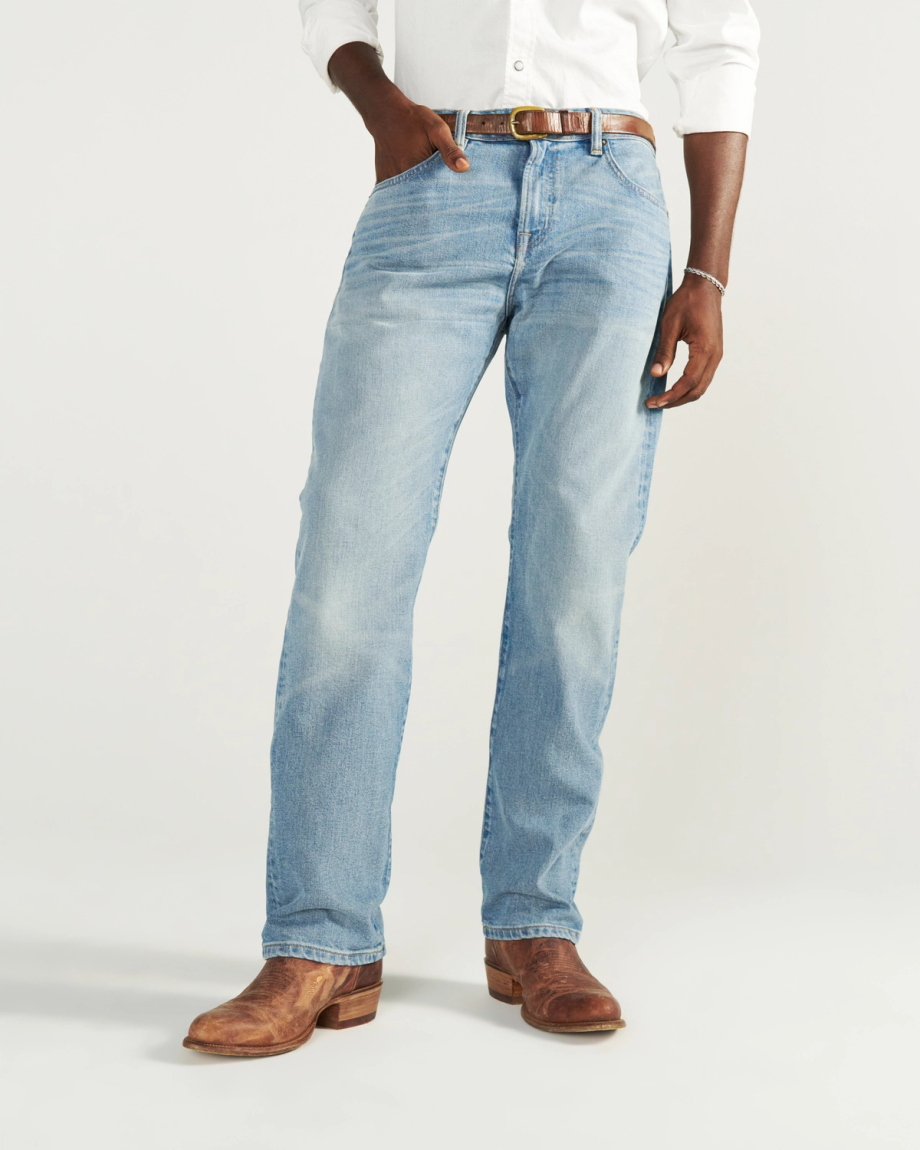 Front view of Men's Straight Crafted Denim - Light Wash on model