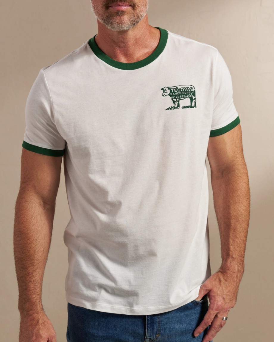 Front view of Men's Tecovas Ranch Supply Ringer Tee - Bone/Green on model