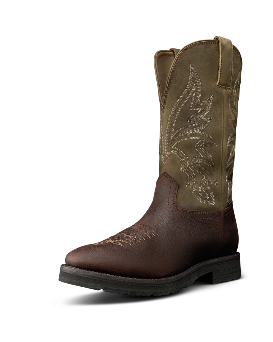 Quarterfront view of The Rugged Round Toe - Umber / Sage Cowhide on plain background