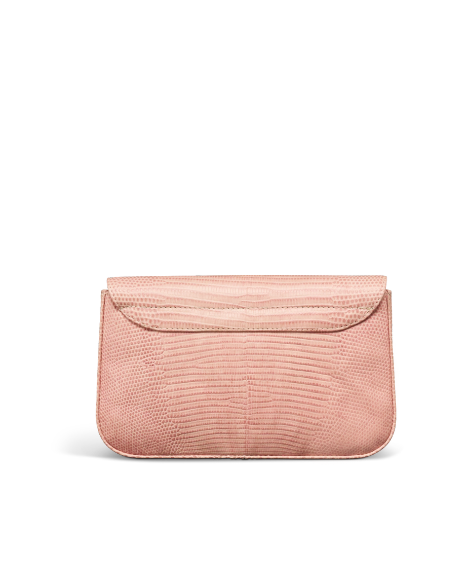 A pink textured clutch purse with a flap closure, displayed against a plain white background.