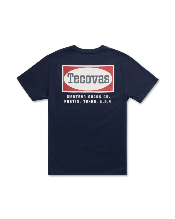 Closeup detail view of Men's Oval Tecovas Pocket T-Shirt - Navy/Red