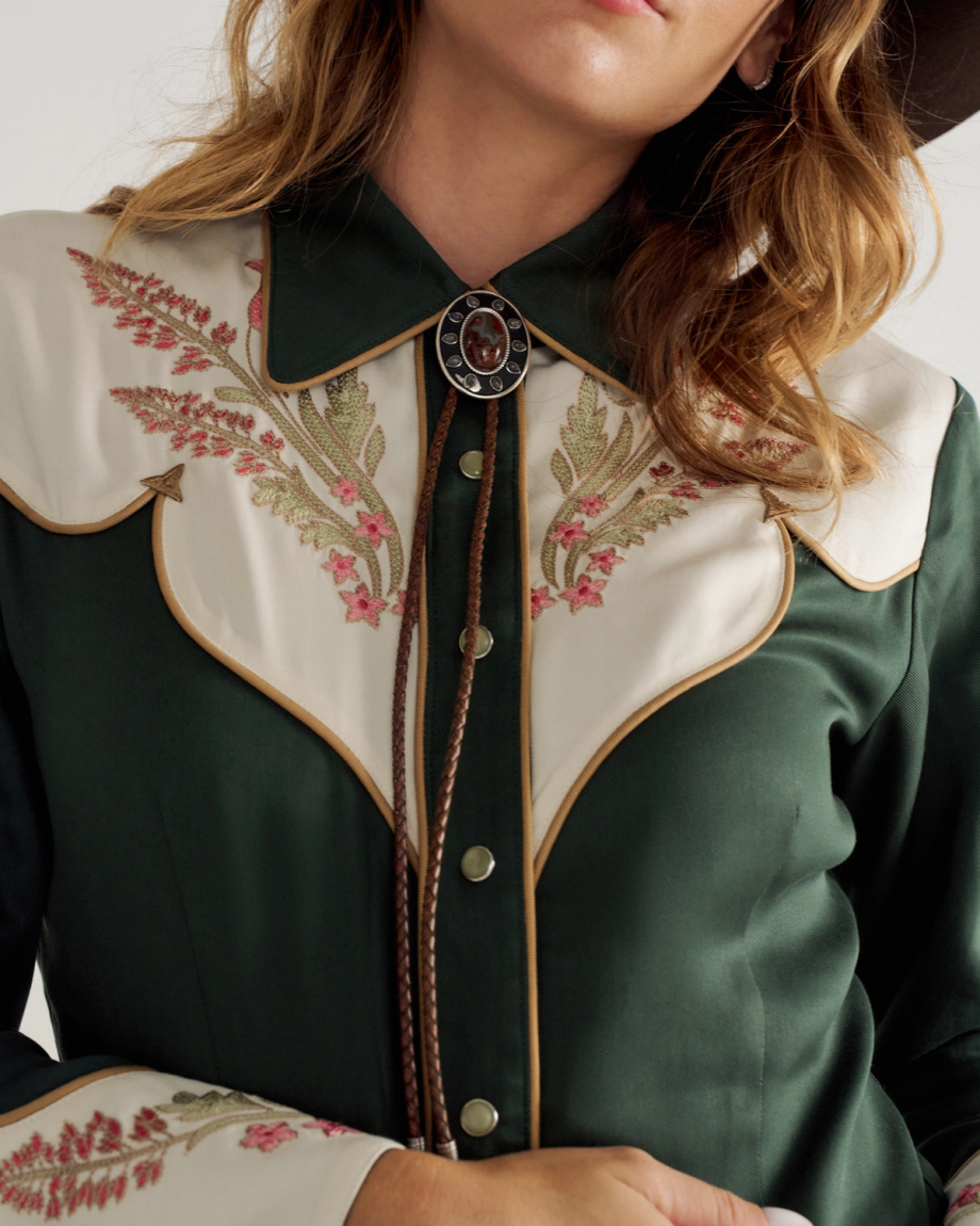 Closeup detail view of Women's Tecovas X H Bar C Birthday X Shirt - Green