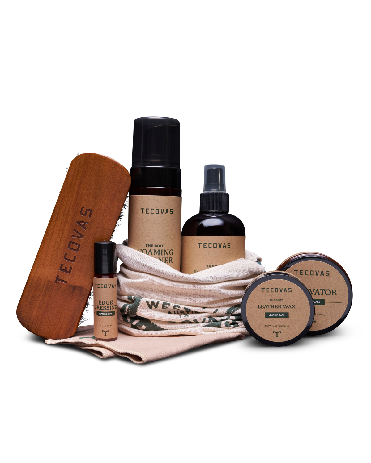 Tecovas Basics Care Kit full product lineup with labels and usage examples