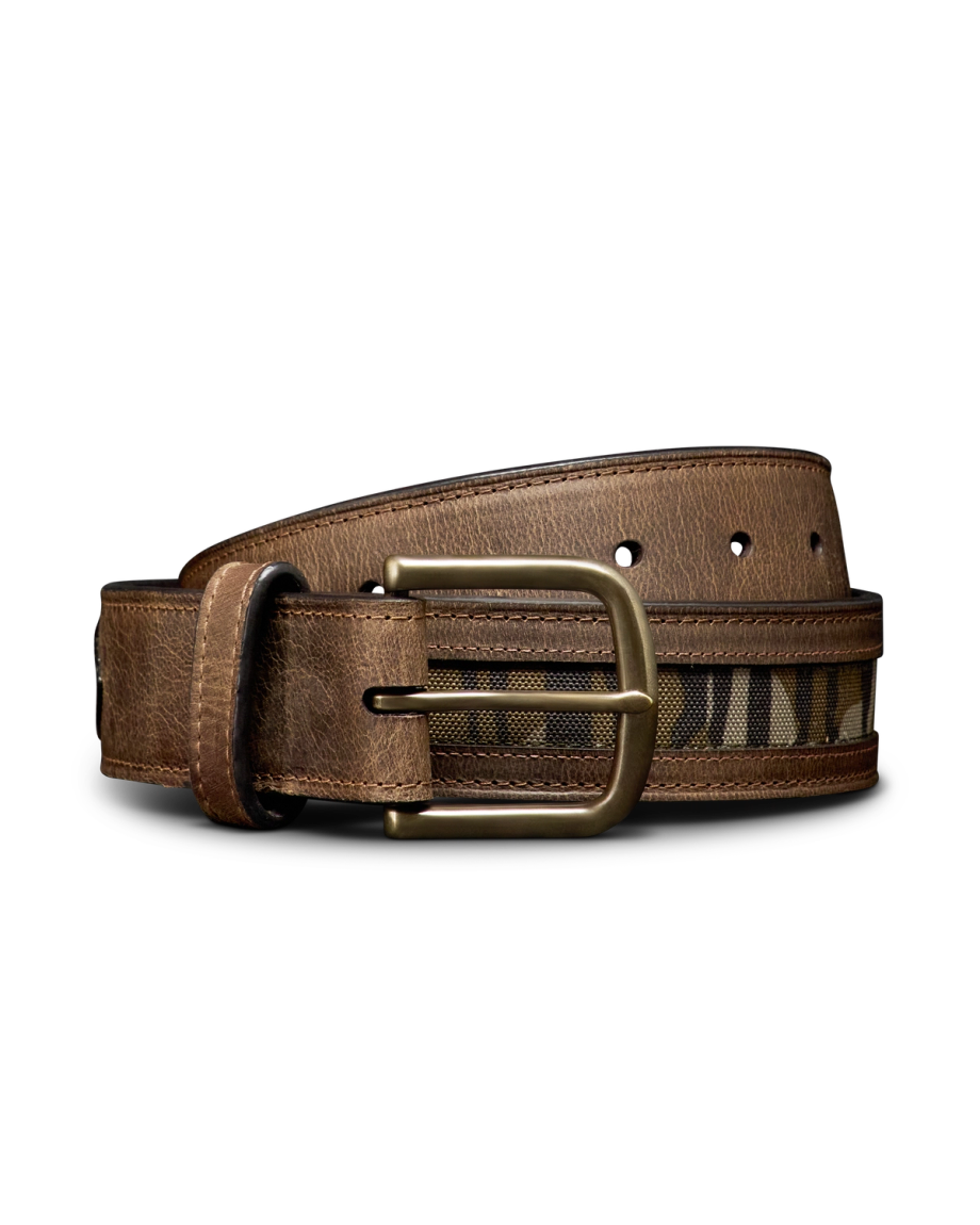 Unbuckled view of Men's Tecovas x Mossy Oak Belt - Brown / OG Bottomland on plain background