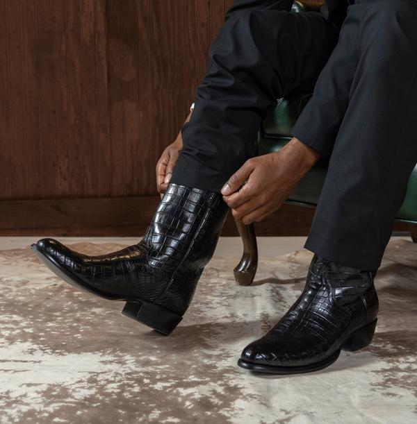 The Marshall Midnight Crocodile Cowboy boots in Black close up