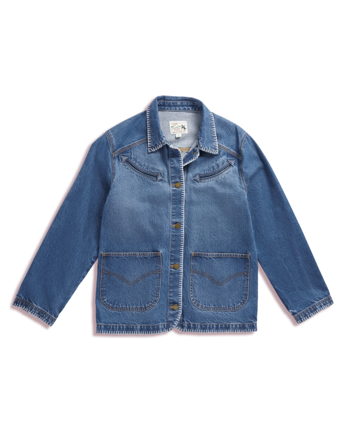Front view of Women's Denim Chore Jacket - Medium Wash on plain background