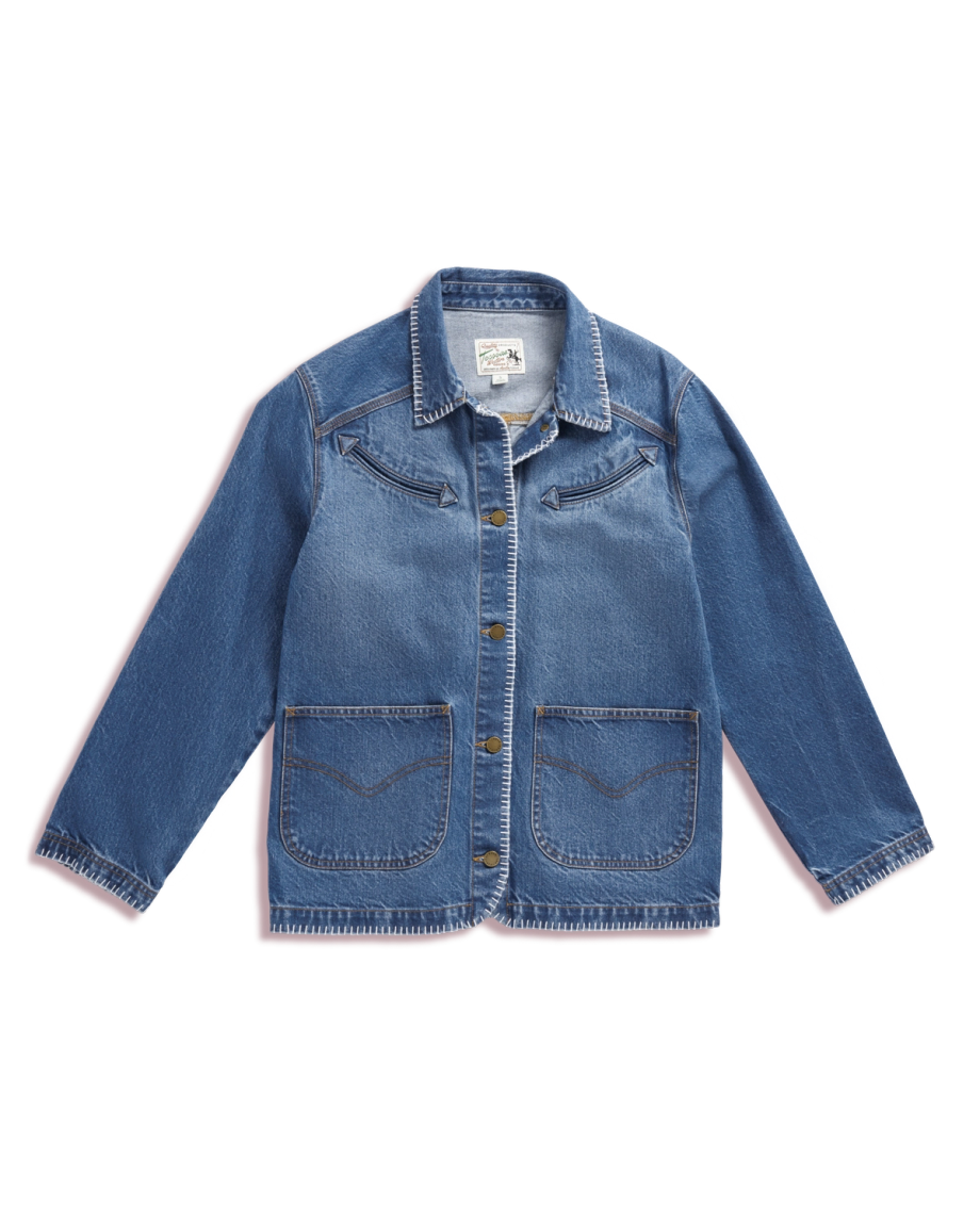 Front view of Women's Denim Chore Jacket - Medium Wash on plain background
