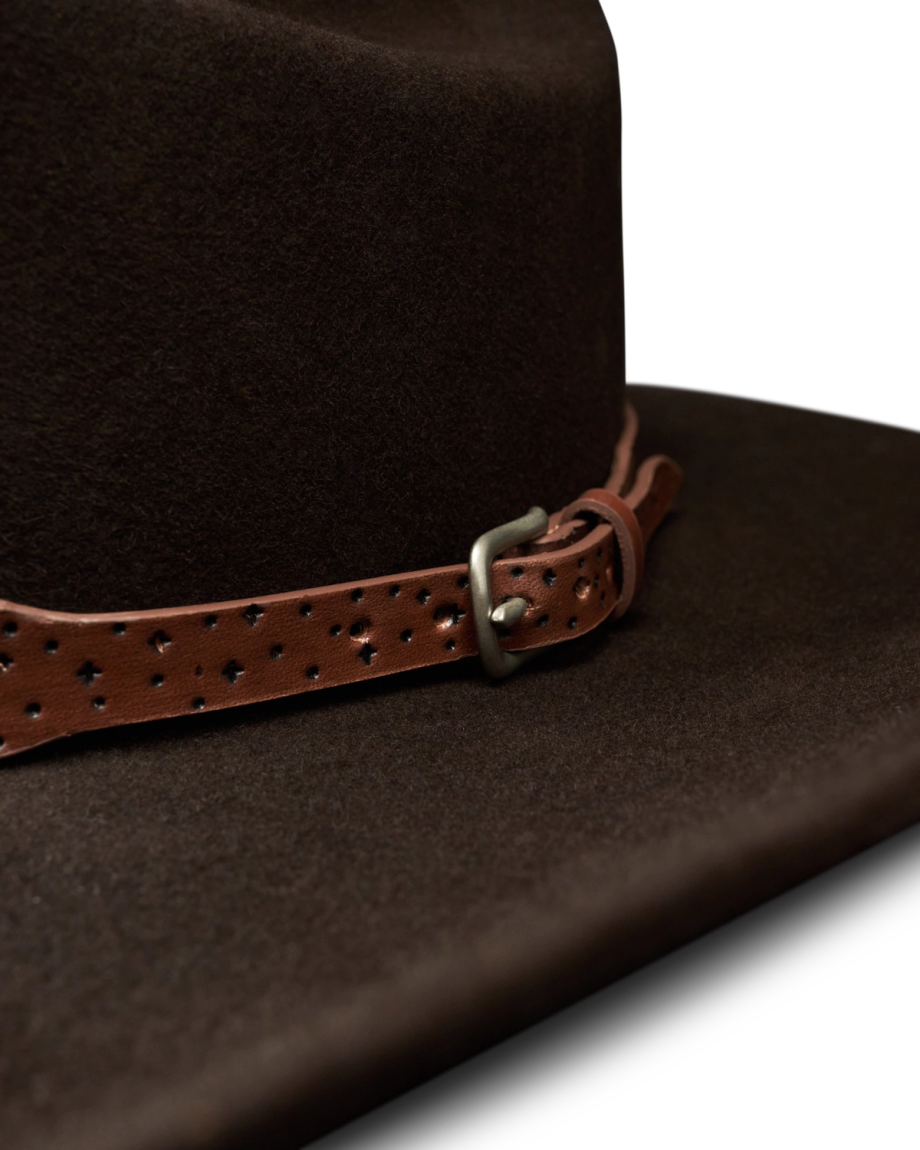 Closeup view of Cattleman Birthday X Hat - Dark Brown