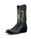 A black leather cowboy boot featuring green snakeskin inlays and decorative stitching, with a pointed toe and a low heel.