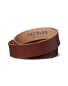 Brown leather belt with "Tecovas Made in USA" text on the inside.