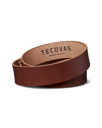 Brown leather belt with "Tecovas Made in USA" text on the inside.