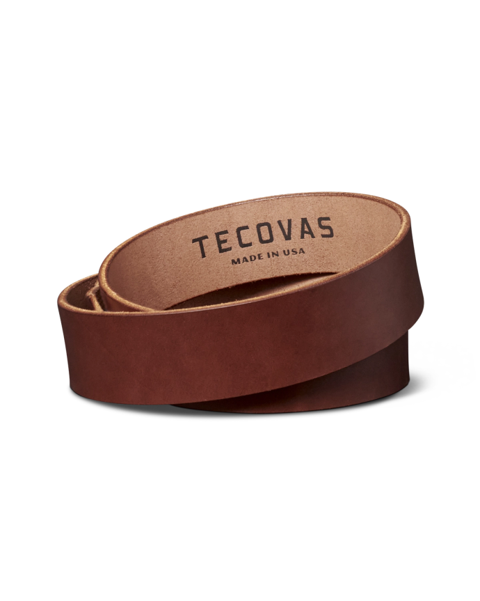 Brown leather belt with "Tecovas Made in USA" text on the inside.