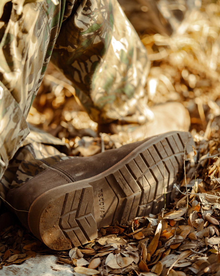 Toe view of Tecovas x Mossy Oak Rugged Square Toe - Umber II Cowhide on plain background