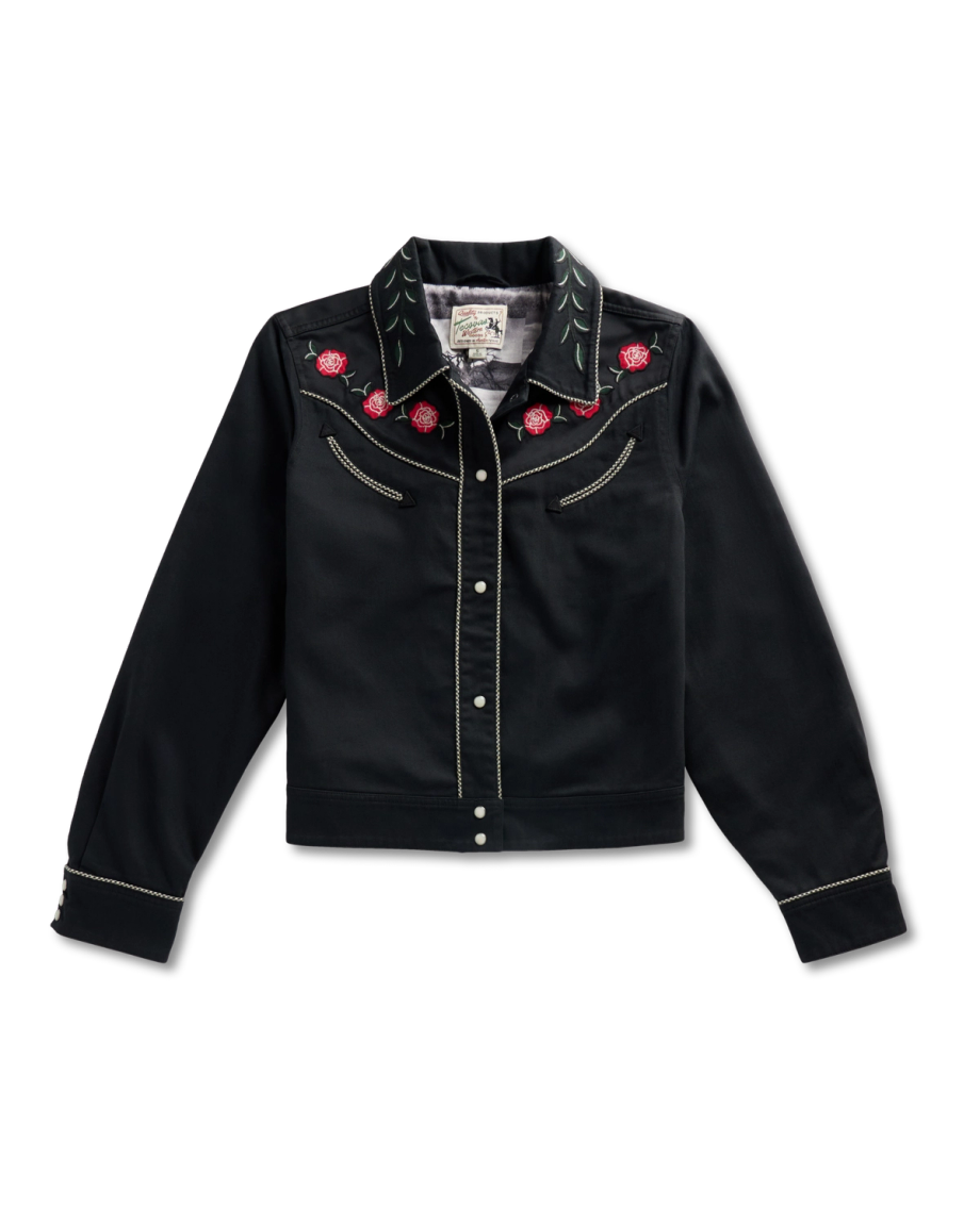 Front view of Women's Embroidered Dolly Jacket - Black on plain background
