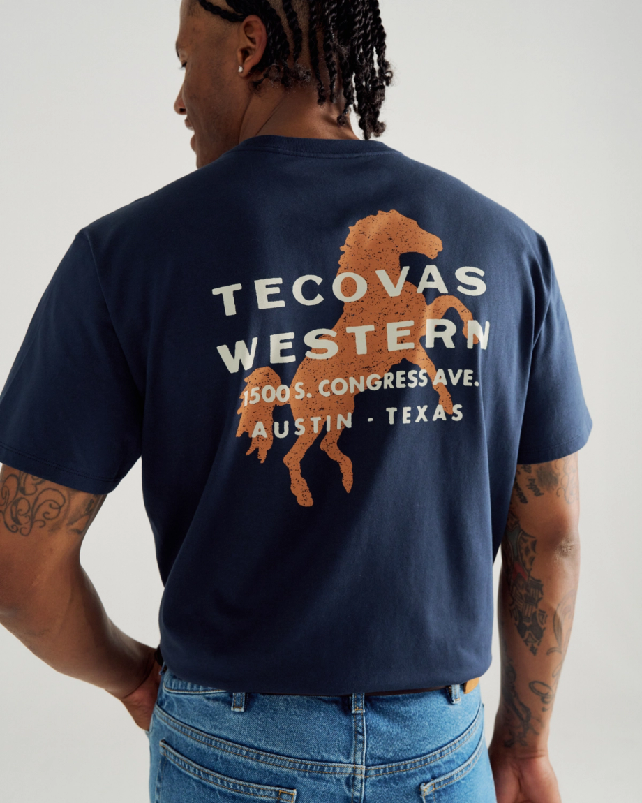 Closeup detail view of Men's Western Horseman Pocket Tee - Navy / White