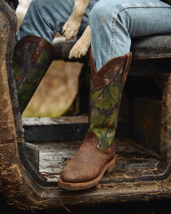 Full view of Tecovas x Mossy Oak Snake Boot - Full Foliage Cowhide on plain background