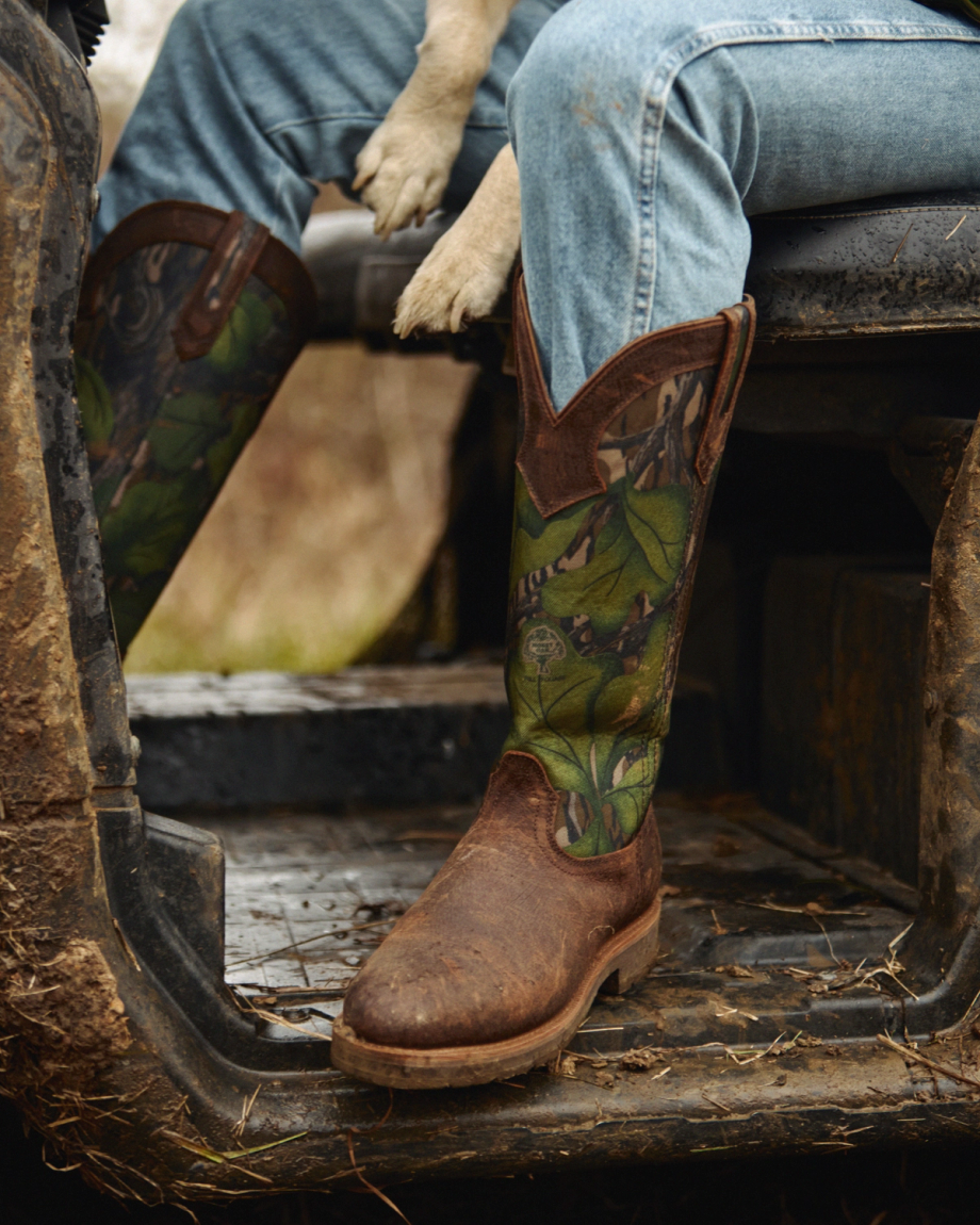 Full view of Tecovas x Mossy Oak Snake Boot - Full Foliage Cowhide on plain background
