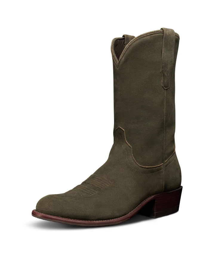 Quarterfront view of The Johnny - Olive Deerskin Roughout on plain background