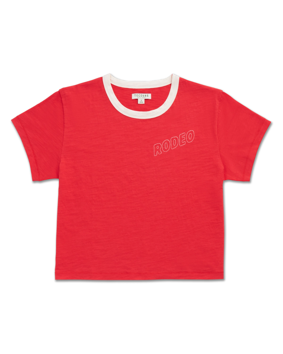 Front view of Women's Vintage Ringer Tee - Poinsettia/Bone on plain background