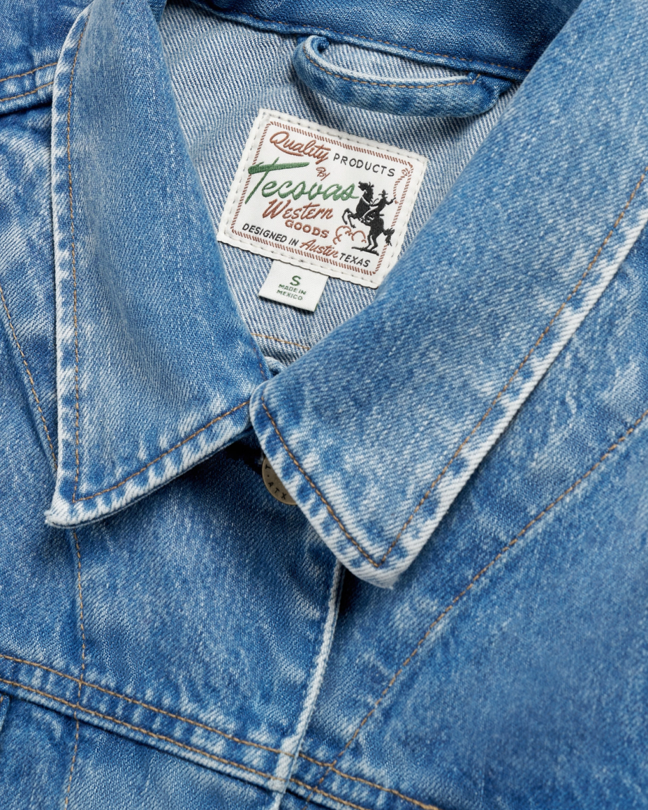 Closeup detail view of Women's Denim Trucker Jacket - Medium Wash