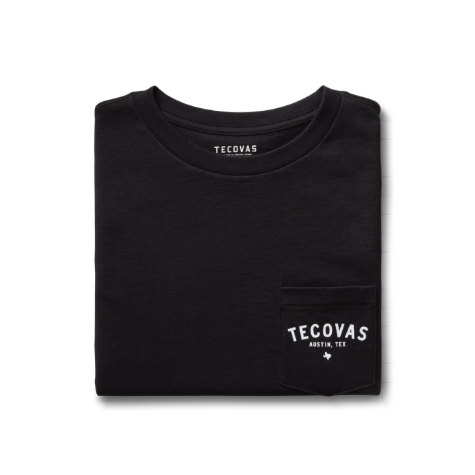 Black T-shirt with "Tecovas Austin, Tex" text on the front pocket, folded neatly.