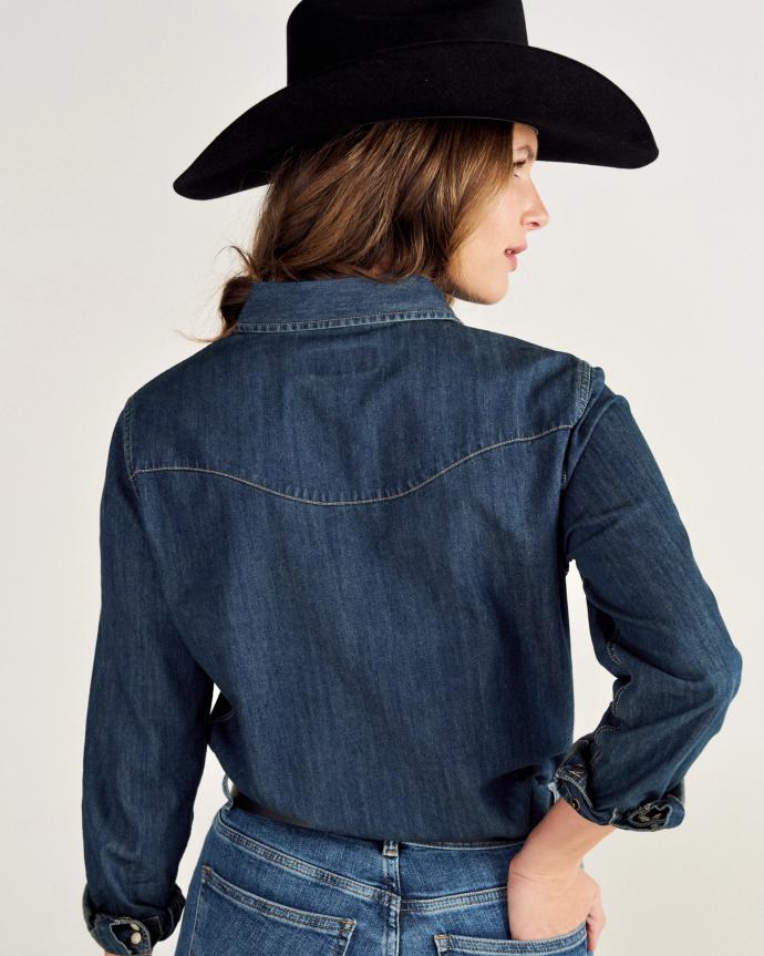 A person wearing a denim shirt, jeans, and a black cowboy hat, seen from behind.