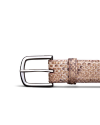 Close-up of a brown textured belt with a silver buckle against a black background.