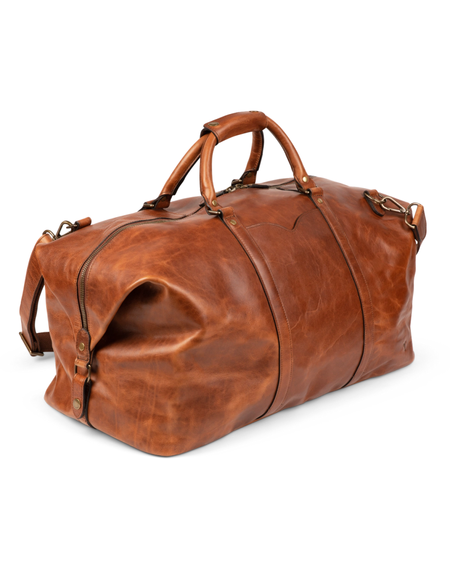 Quarterfront view of Bartlett Large Weekender in Cognac