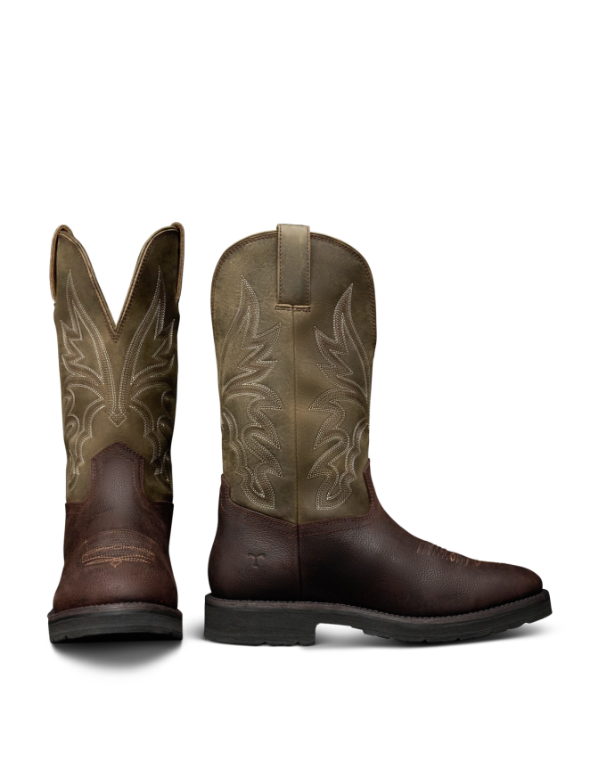 Pair view of The Rugged Round Toe - Umber / Sage Cowhide on plain background