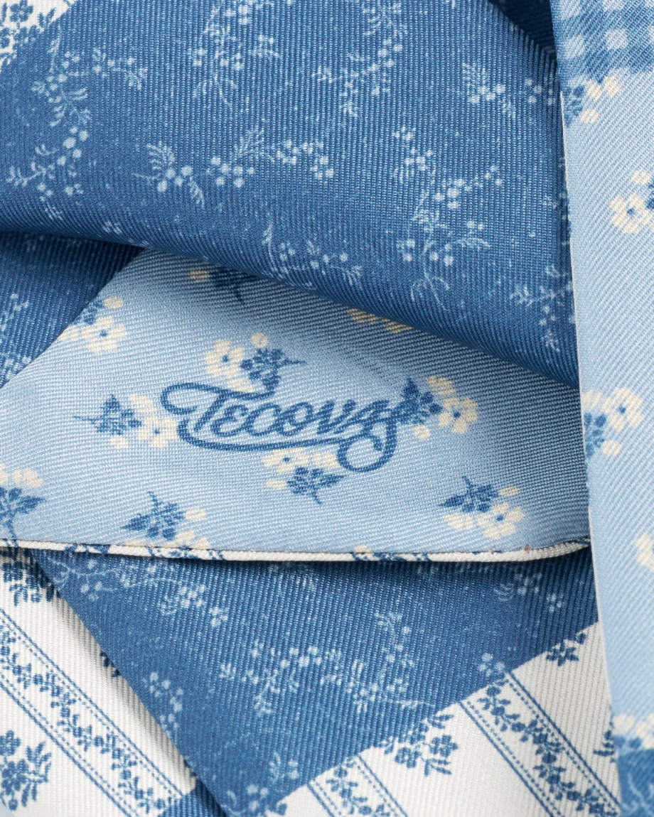 Closeup view of Patchwork Ribbon Scarf - Blue/White