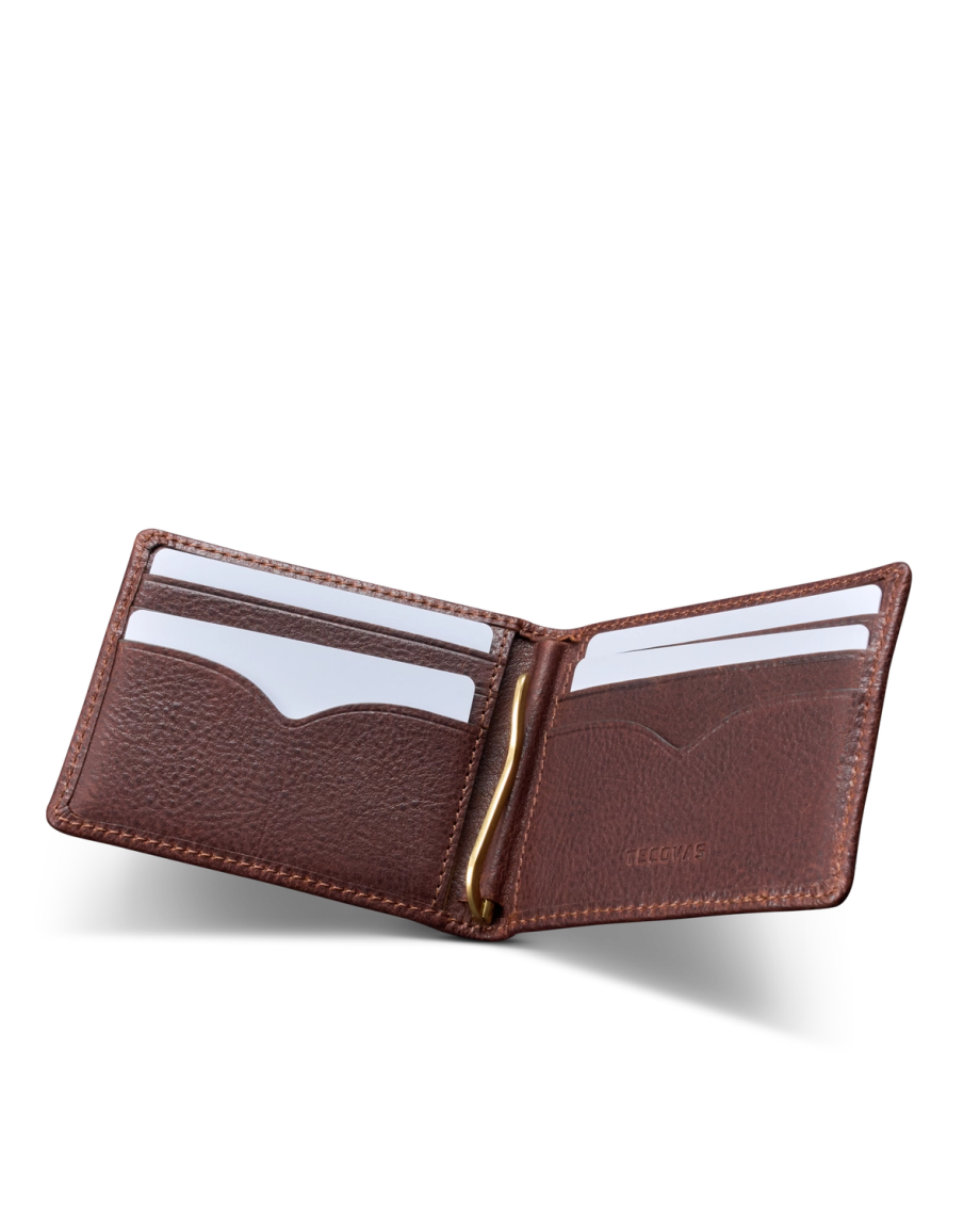 Inside view of Men's Billfold Moneyclip - Cognac Cowhide on plain background