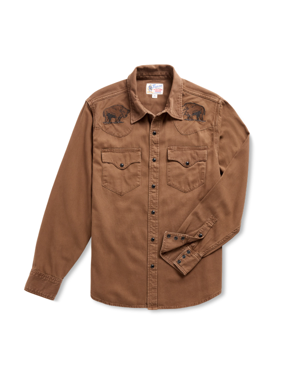 Closeup detail view of Men's Denim Pearl Snap - Tobacco