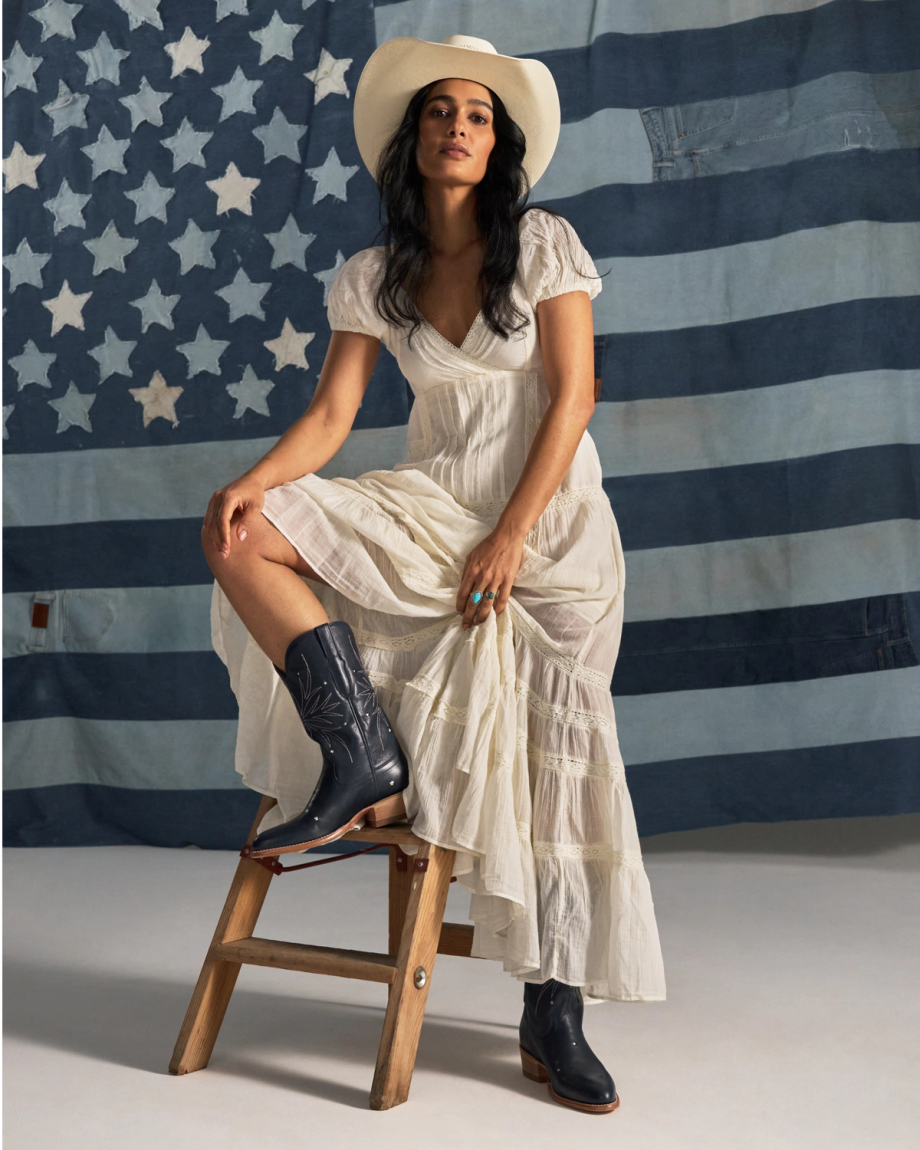 Full view of The Jamie Firework - Atlantic Blue Cowhide on model