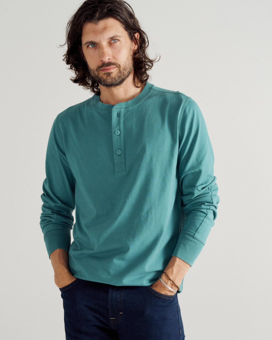 Front view of Men's Henley LS - Hydro on model