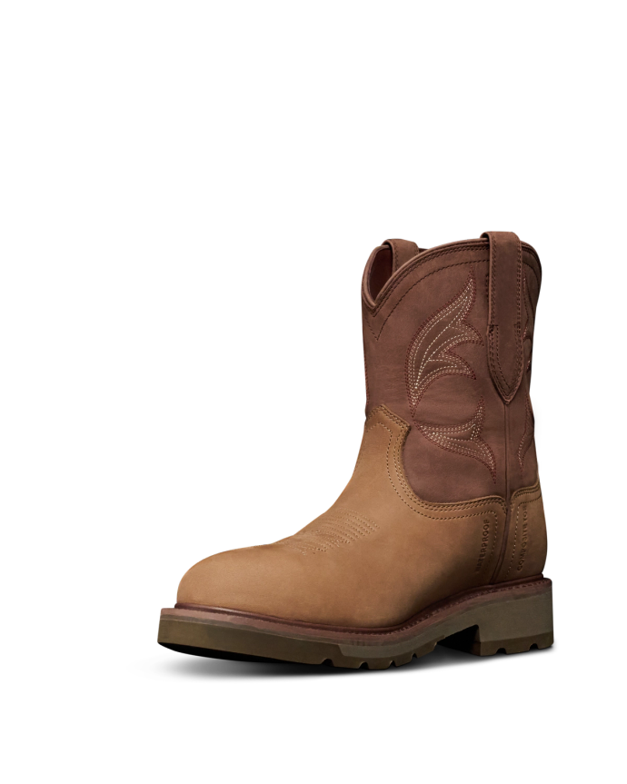 Quarterfront view of The LH WP Round Comp Toe Work Boot - Tan / Cafe Cowhide on plain background