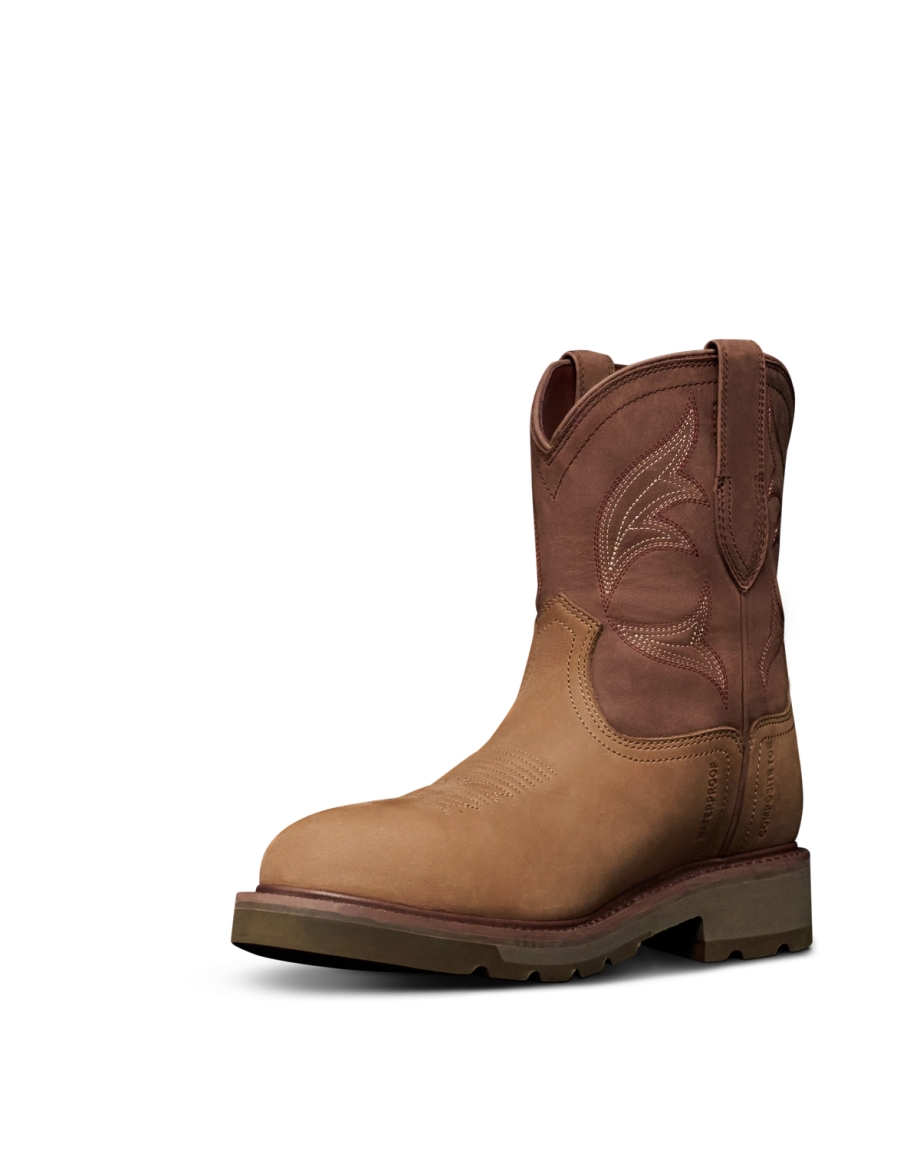 Quarterfront view of The LH WP Round Comp Toe Work Boot - Tan / Cafe Cowhide on plain background