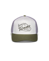 Front view of the Tecovas Five-Panel mid profile trucker in the color cream/olive. 