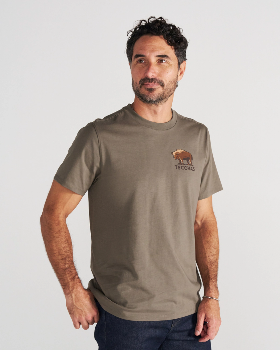 Front view of Men's Bison Landscape T-Shirt - Smokey Olive on model