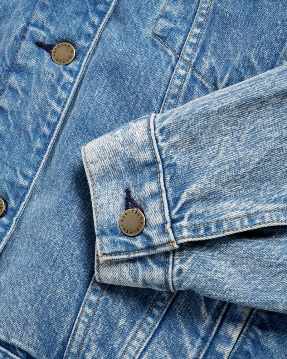 Closeup view of Women's Denim Trucker Jacket - Medium Wash