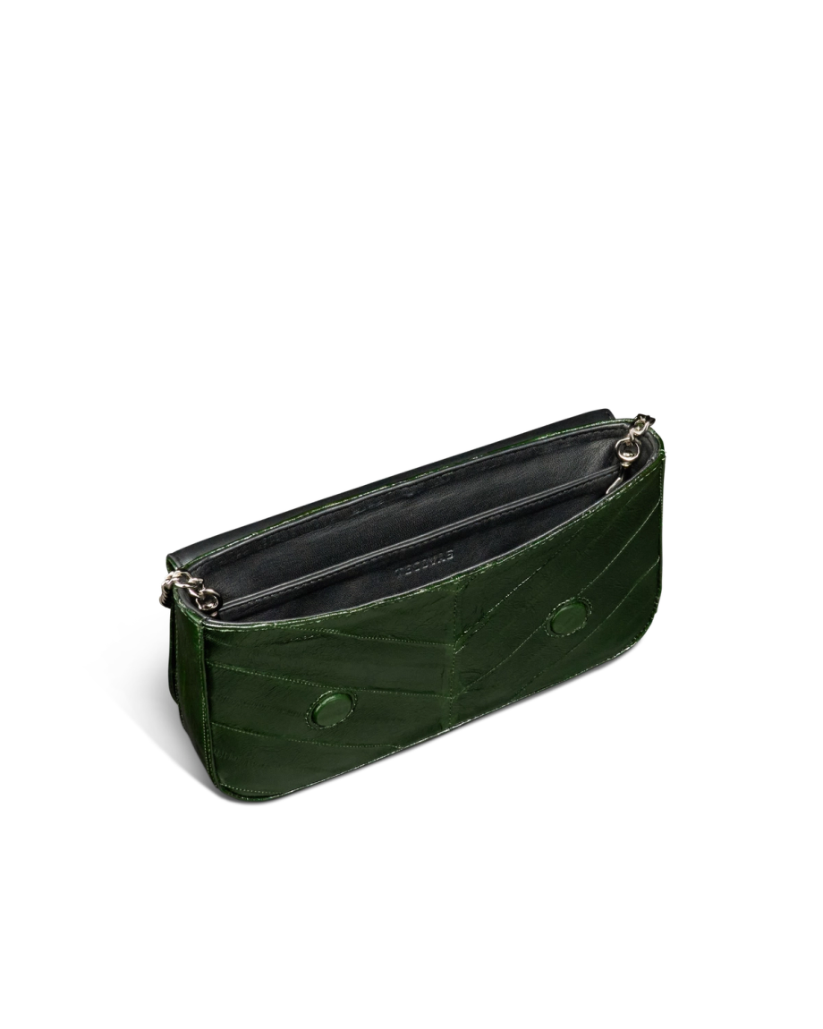 Front view of Eel Concho Clutch - Green on plain background