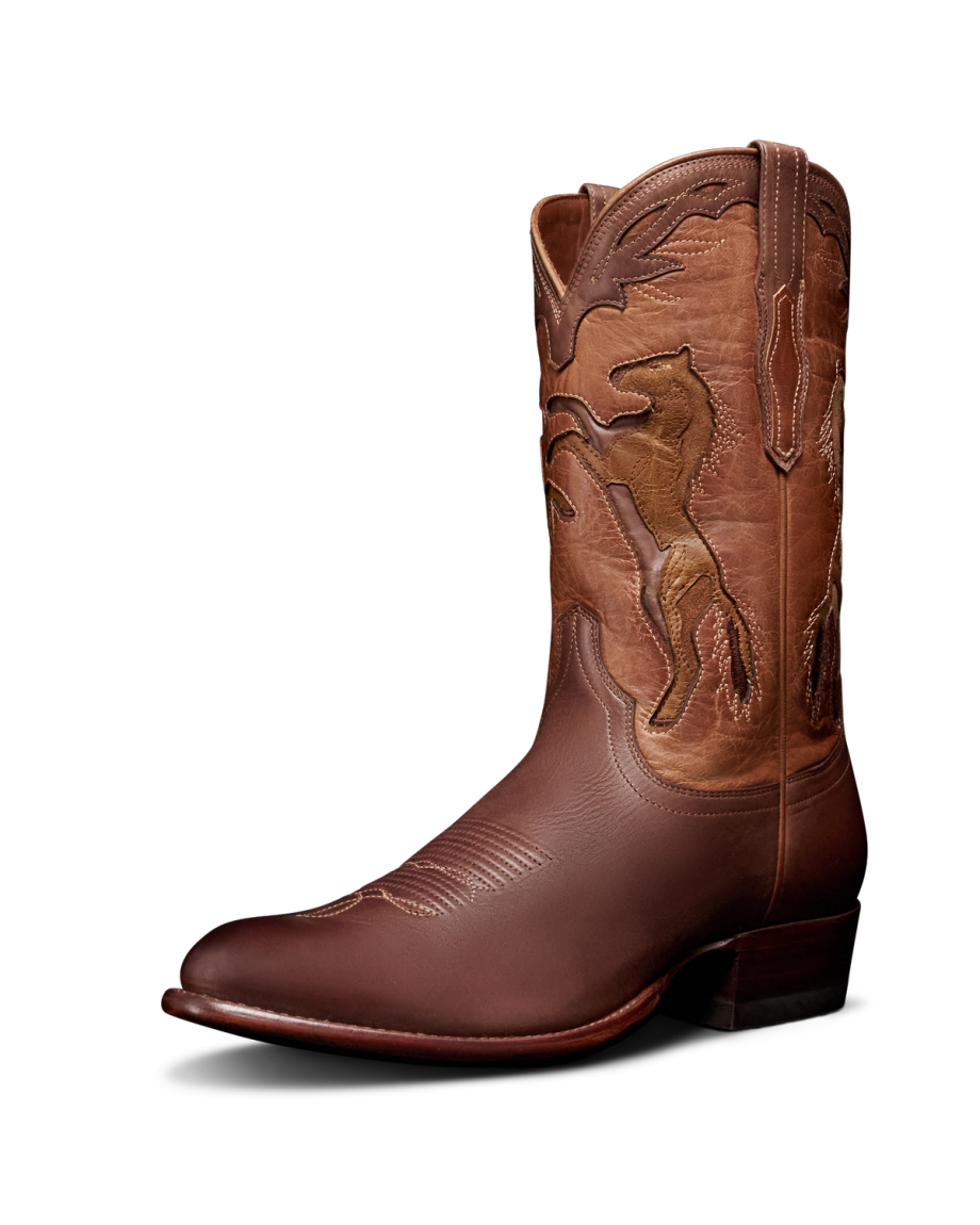 Quarterfront view of The Cartwright Wild Horses - Chestnut Cowhide on plain background