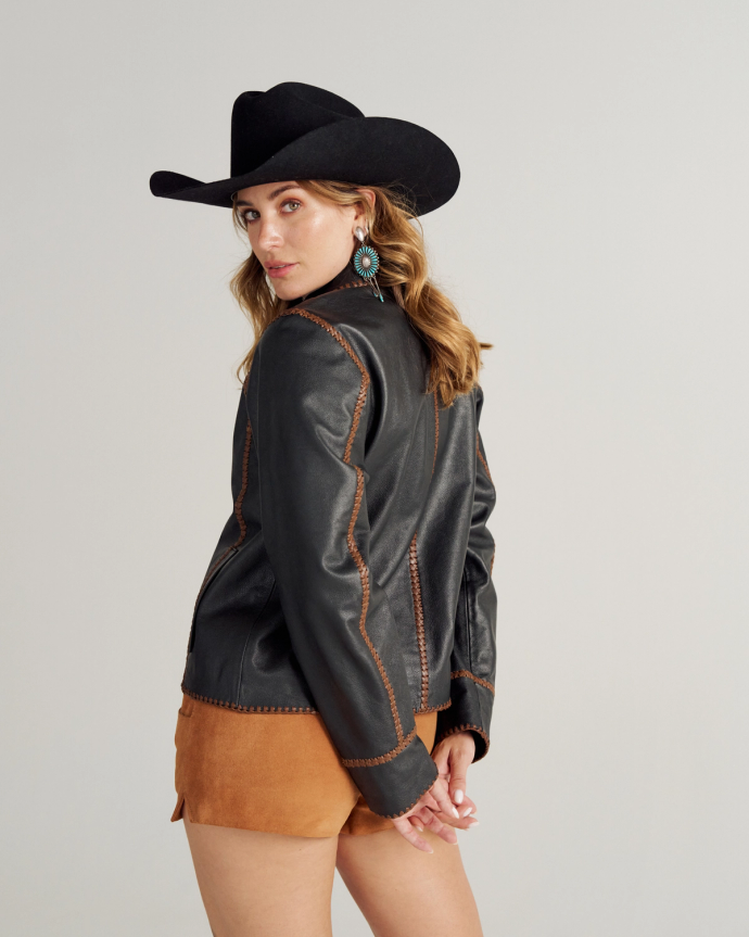 Back view of Women's Leather Jacket - Black on model