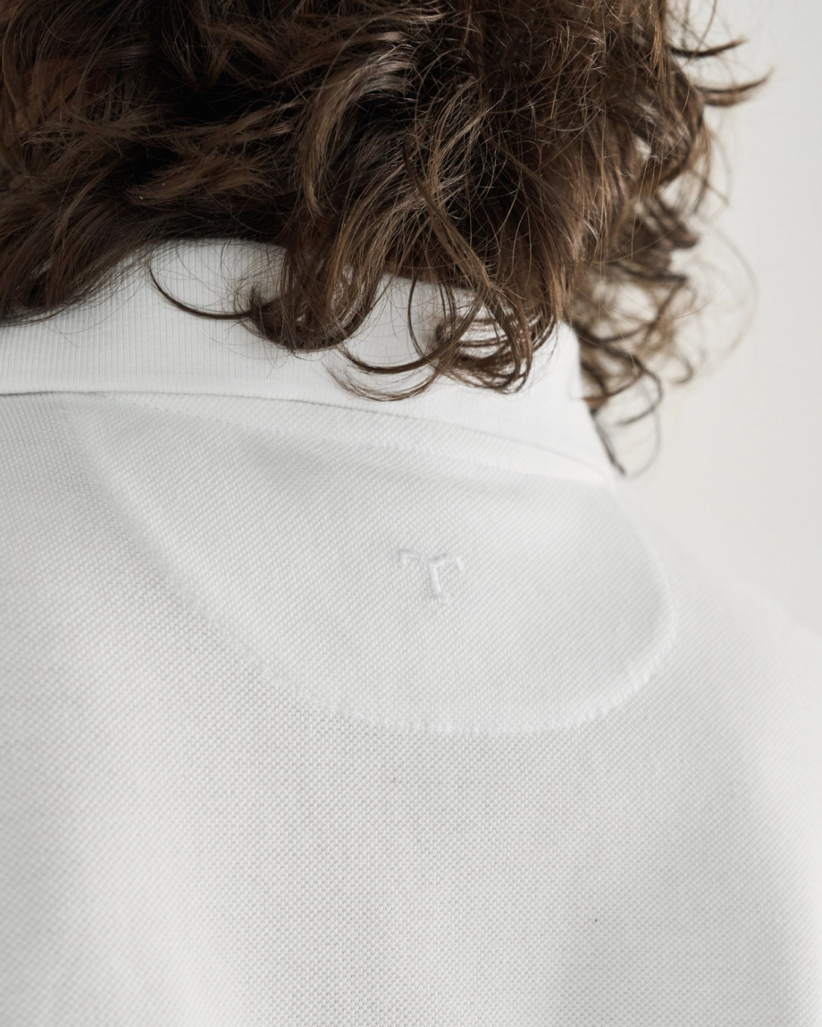 Closeup detail view of Men's Polo Pearl Snap SS - White