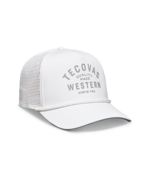 Quarterfront view of Quality Made Performance Trucker - White on plain background