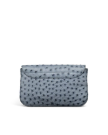 A gray ostrich leather clutch bag with a flap closure, displayed against a plain white background.