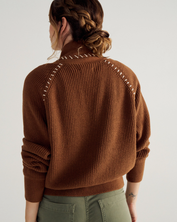 Closeup detail view of Women's Shawl Collar Cardigan Sweater - Tan