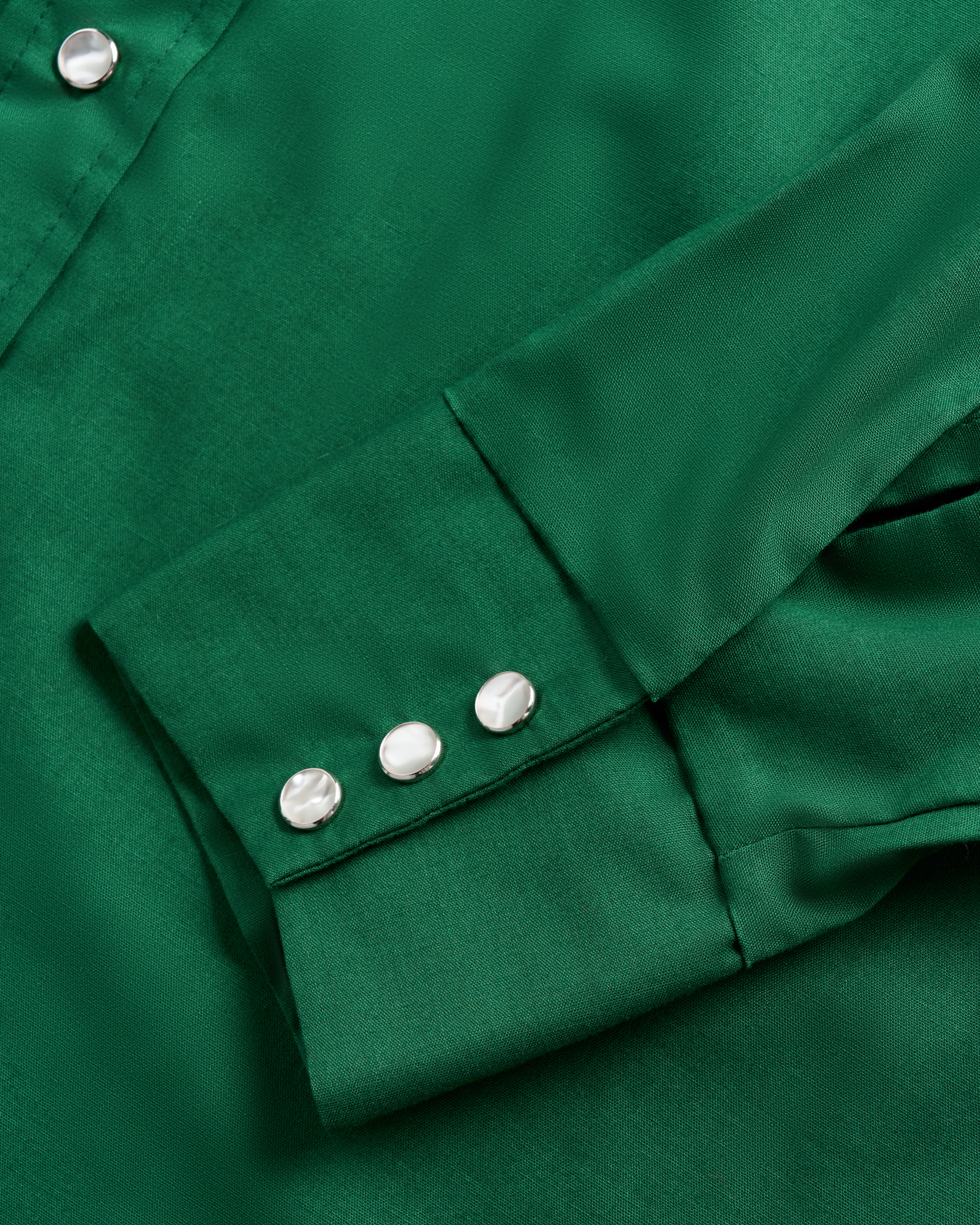 Closeup detail view of Tecovas x Cathy Hahn Men’s Vintage Embroidered Pearl Snap - Cactus Green