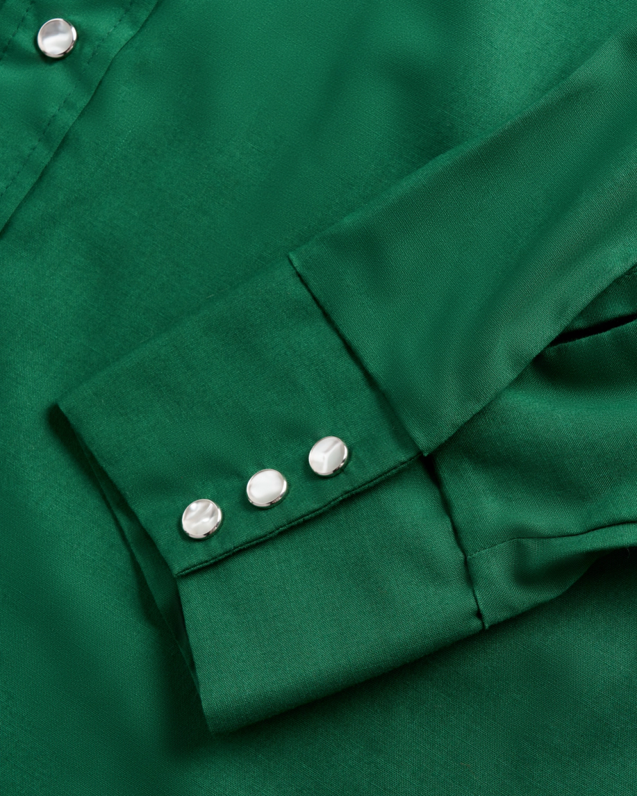 Closeup detail view of Tecovas x Cathy Hahn Men’s Vintage Embroidered Pearl Snap - Cactus Green